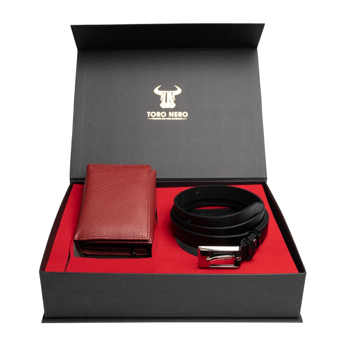 Set cadou portofel+curea din piele pentru femei rosu-negru Little-Slim - 110 cm