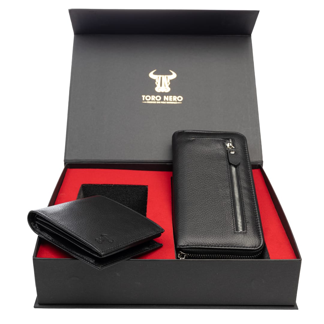 Set cadou portofel femei+ portofel barbati din piele naturala negru Arya-Muselles