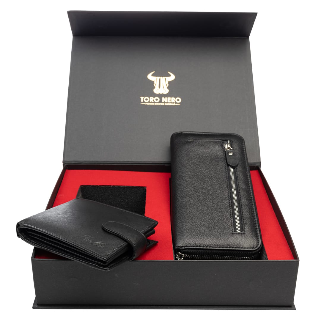 Set cadou portofel femei+ portofel barbati din piele naturala negru Arya-Viki