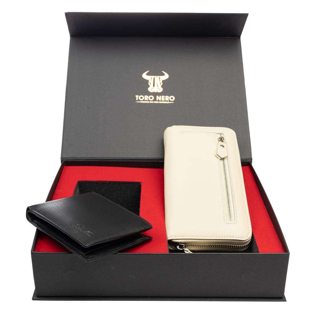 Set cadou portofel femei+ portofel barbati din piele naturala negru-bej Arya-Manu