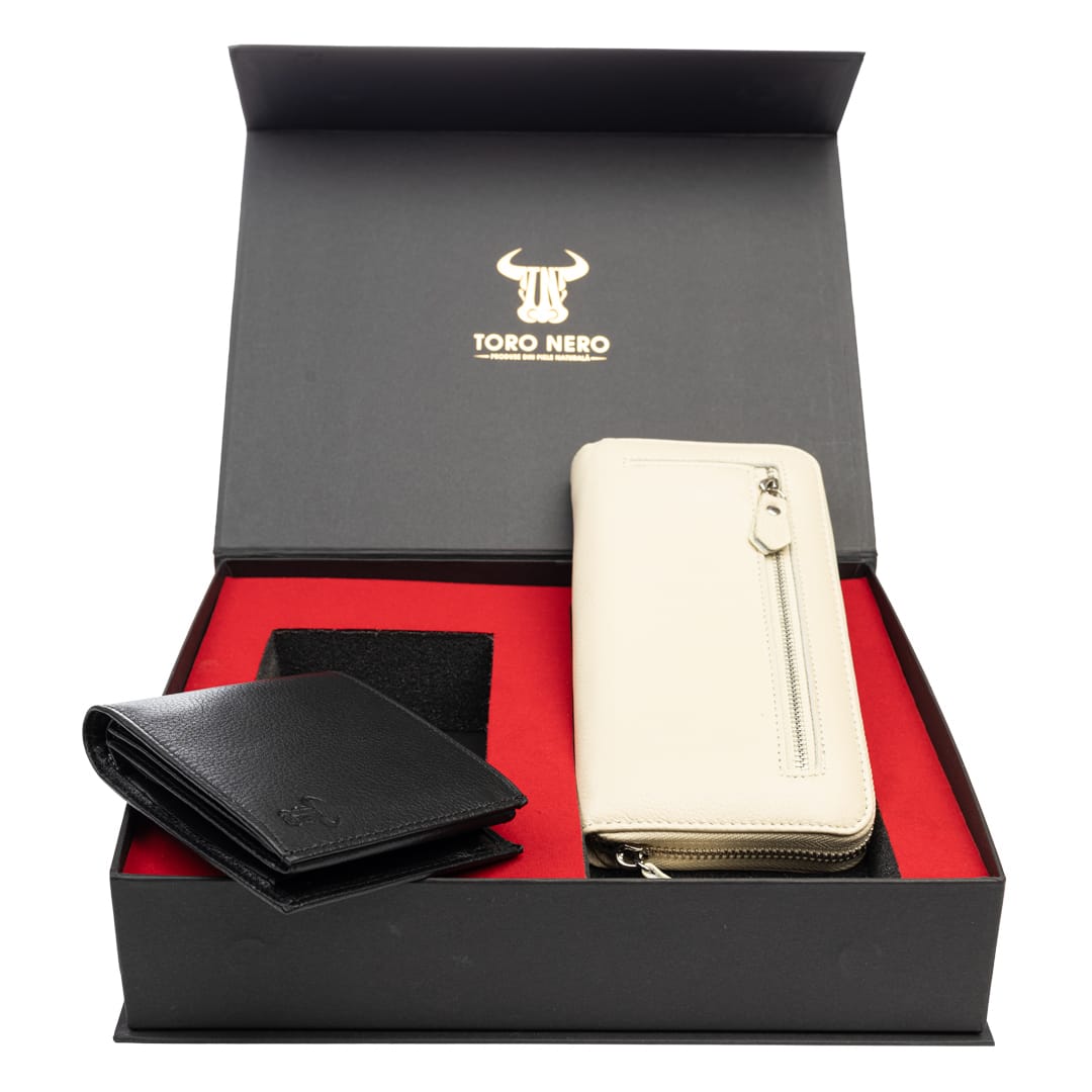Set cadou portofel femei+ portofel barbati din piele naturala negru-bej Arya-Muselles