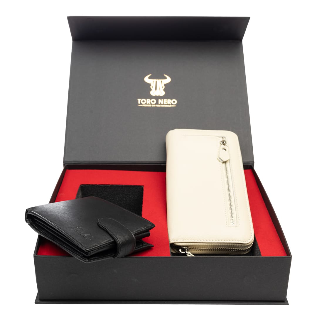Set cadou portofel femei+ portofel barbati din piele naturala negru-bej Arya-Viki