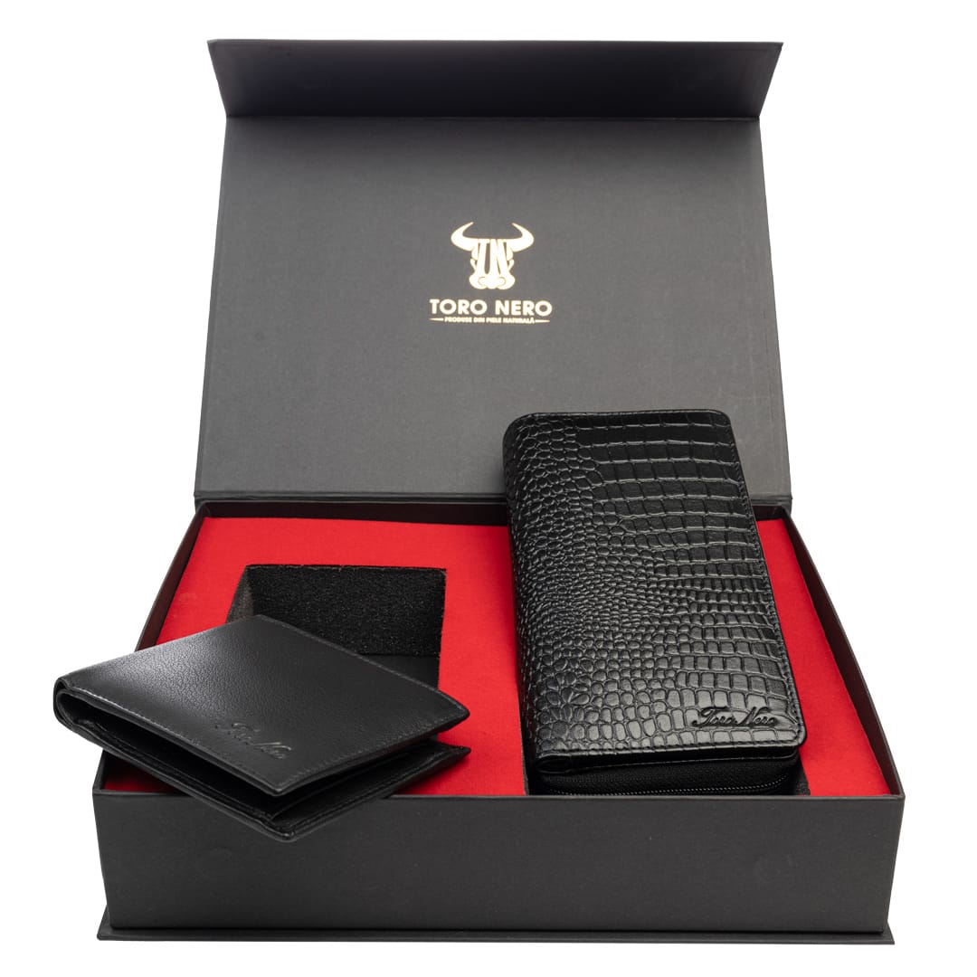 Set cadou portofel femei+ portofel barbati din piele naturala negru Gia-Manu