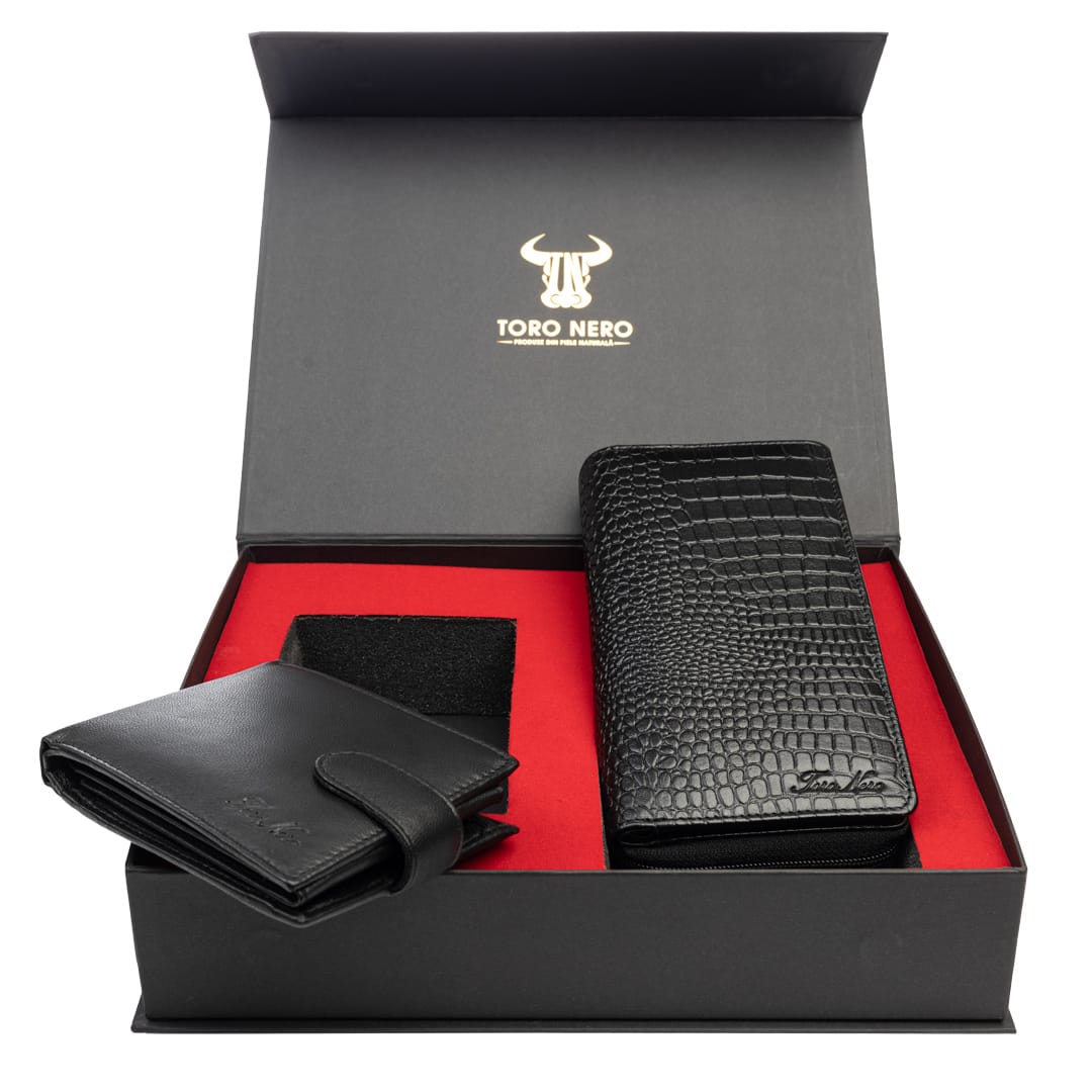 Set cadou portofel femei+ portofel barbati din piele naturala negru Gia-Viki