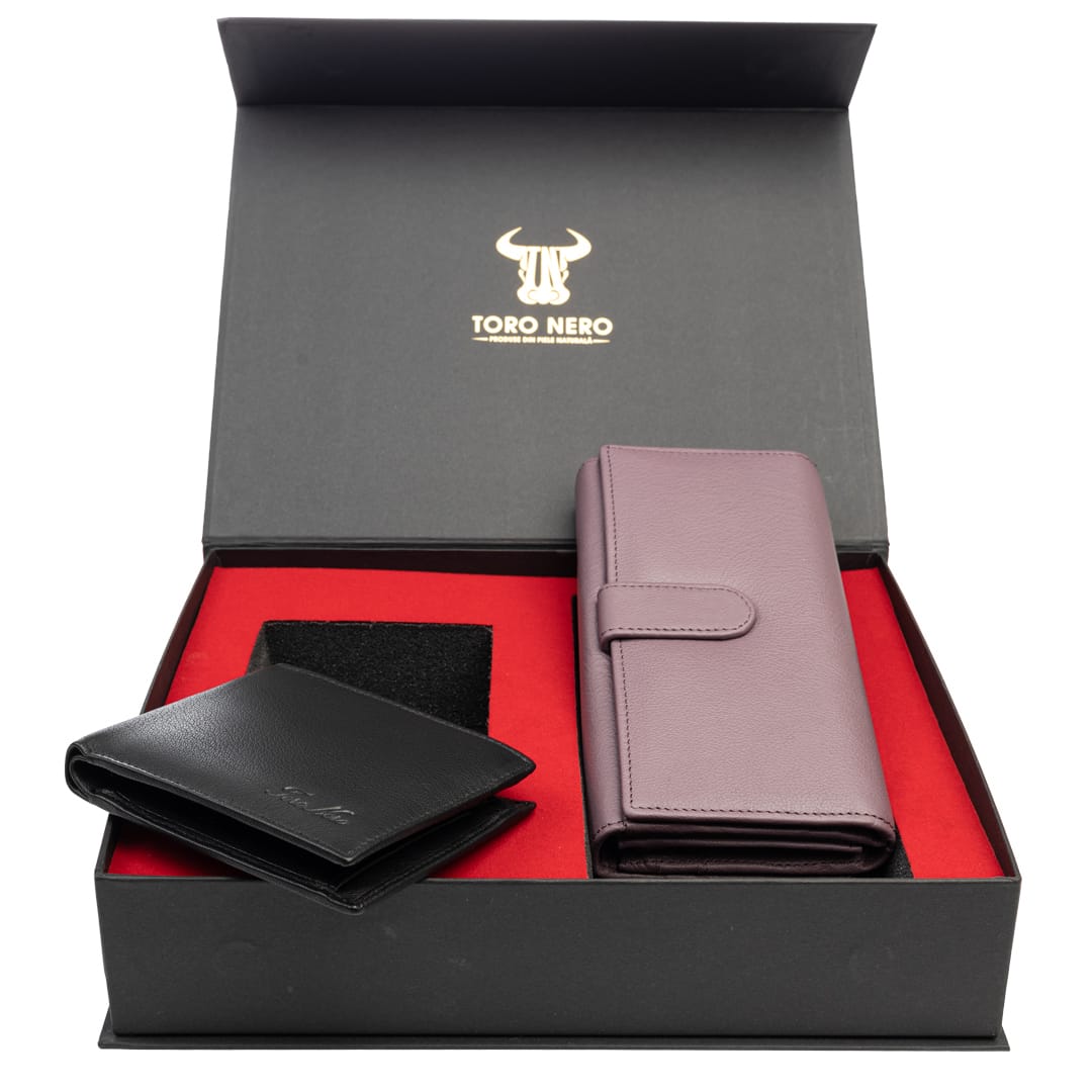 Set cadou portofel femei+ portofel barbati din piele naturala negru-lila Reset-Manu