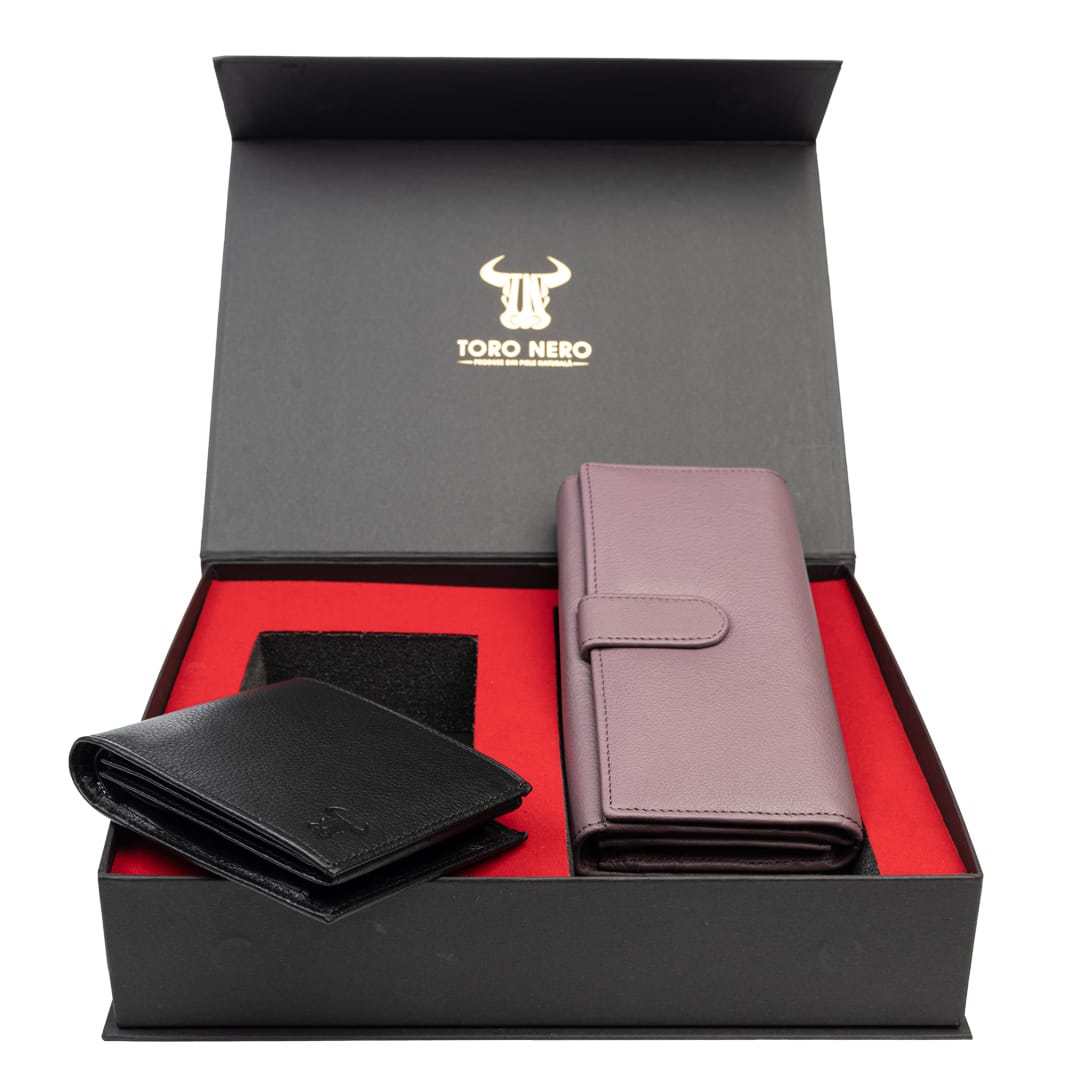 Set cadou portofel femei+ portofel barbati din piele naturala negru-lila Reset-Muselles