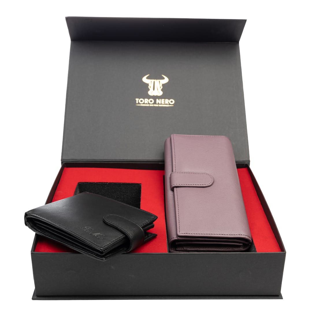 Set cadou portofel femei+ portofel barbati din piele naturala negru-lila Reset-Viki