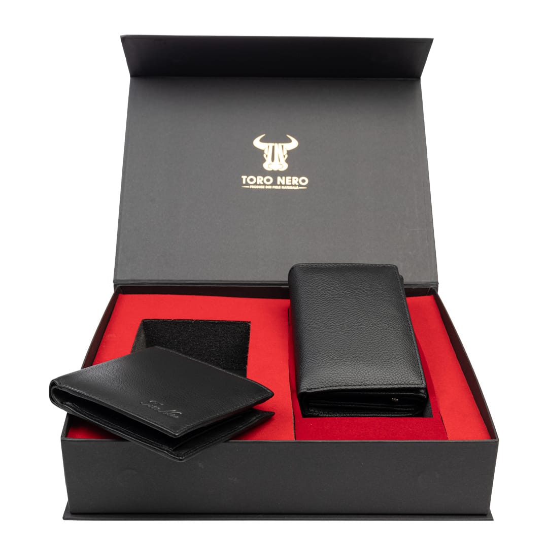 Set cadou portofel femei+ portofel barbati din piele naturala negru Little-Manu