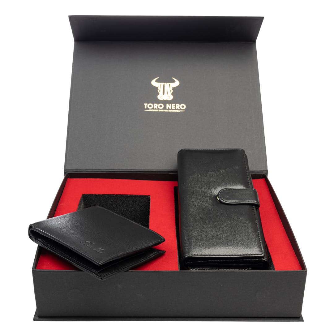 Set cadou portofel femei+ portofel barbati din piele naturala negru Reset-Manu