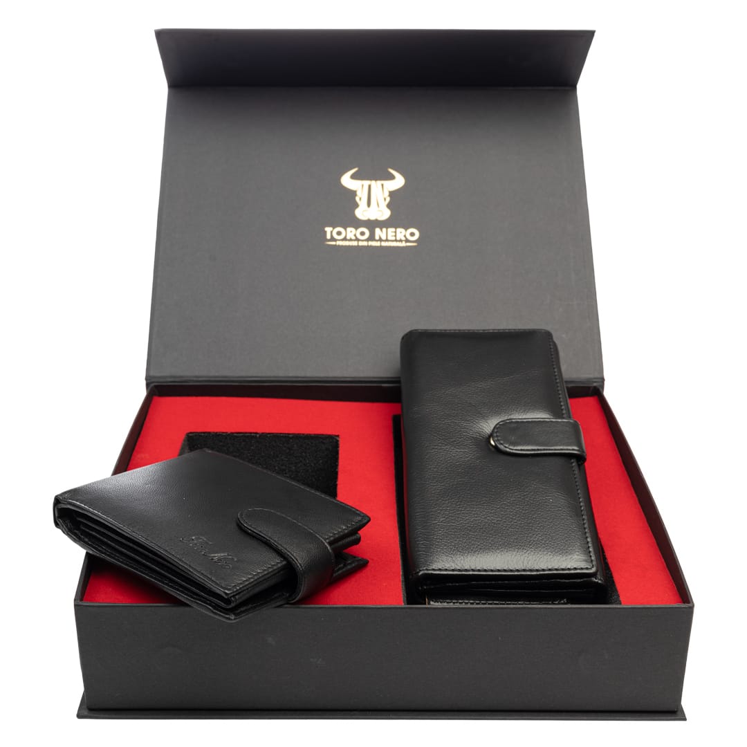Set cadou portofel femei+ portofel barbati din piele naturala negru Reset-Viki