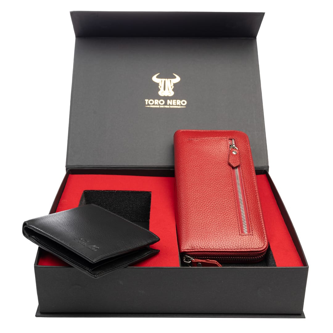 Set cadou portofel femei+ portofel barbati din piele naturala negru-rosu Arya-Manu