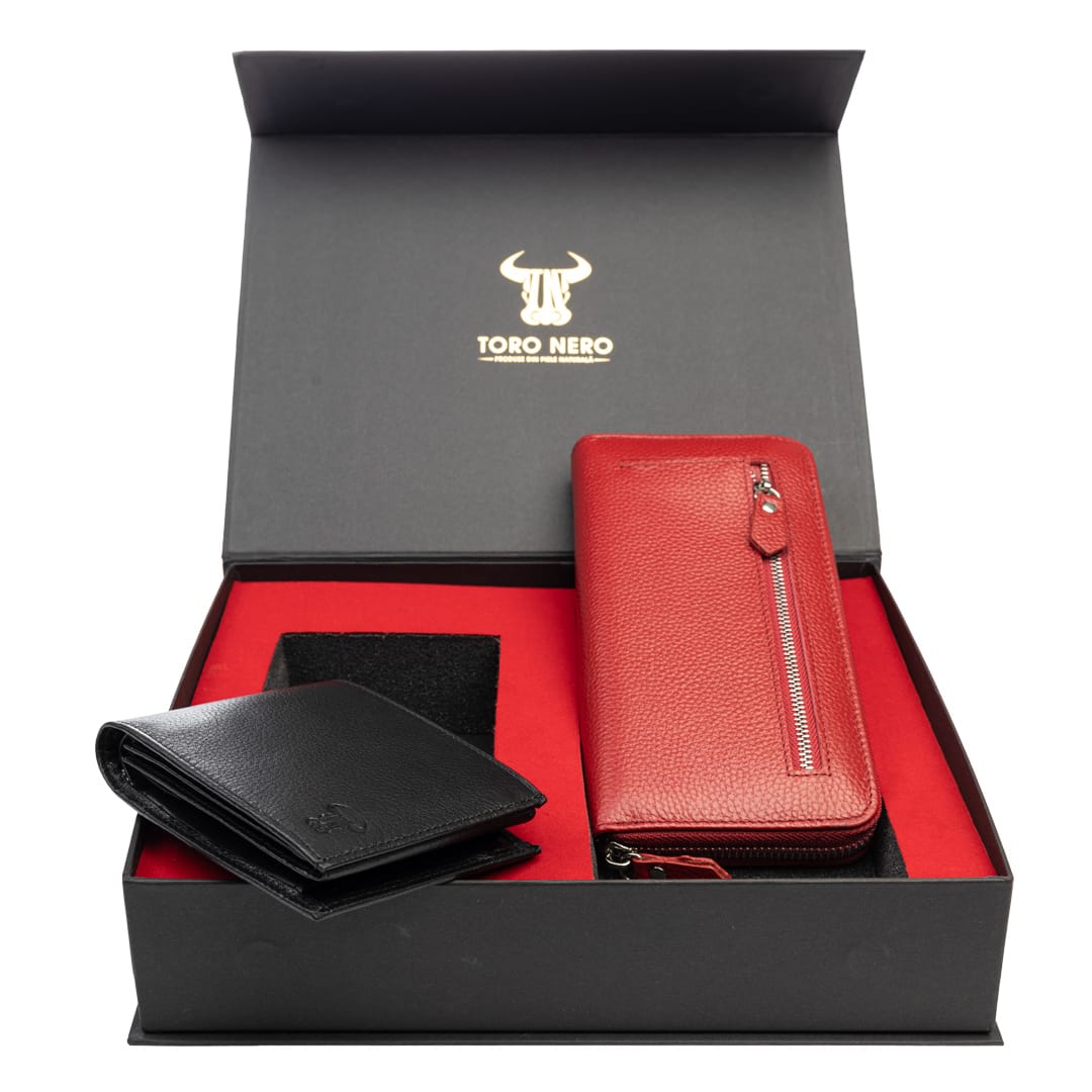Set cadou portofel femei+ portofel barbati din piele naturala negru-rosu Arya-Muselles