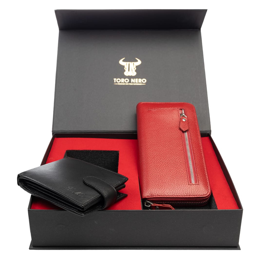 Set cadou portofel femei+ portofel barbati din piele naturala negru-rosu Arya-Viki