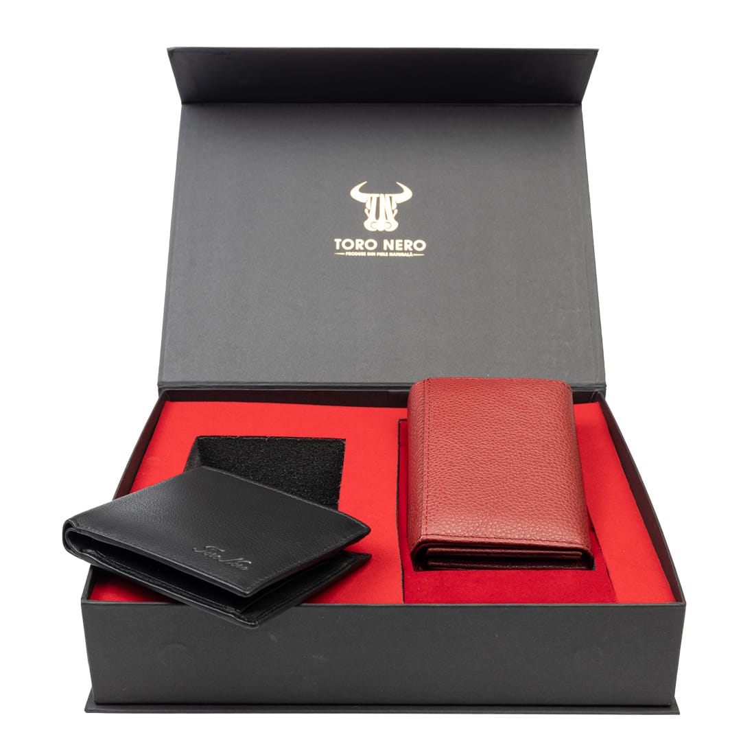 Set cadou portofel femei+ portofel barbati din piele naturala negru-rosu Little-Manu