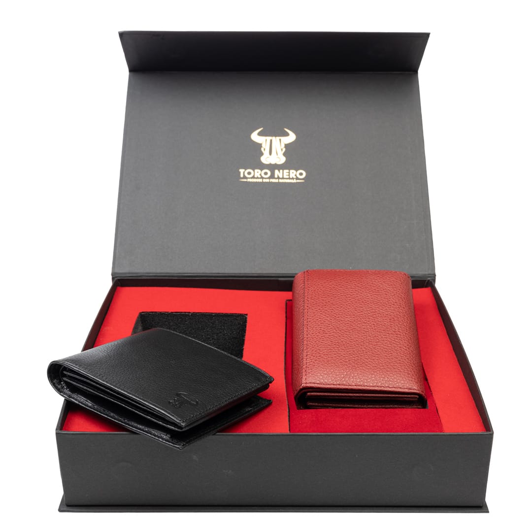 Set cadou portofel femei+ portofel barbati din piele naturala negru-rosu Little-Muselles