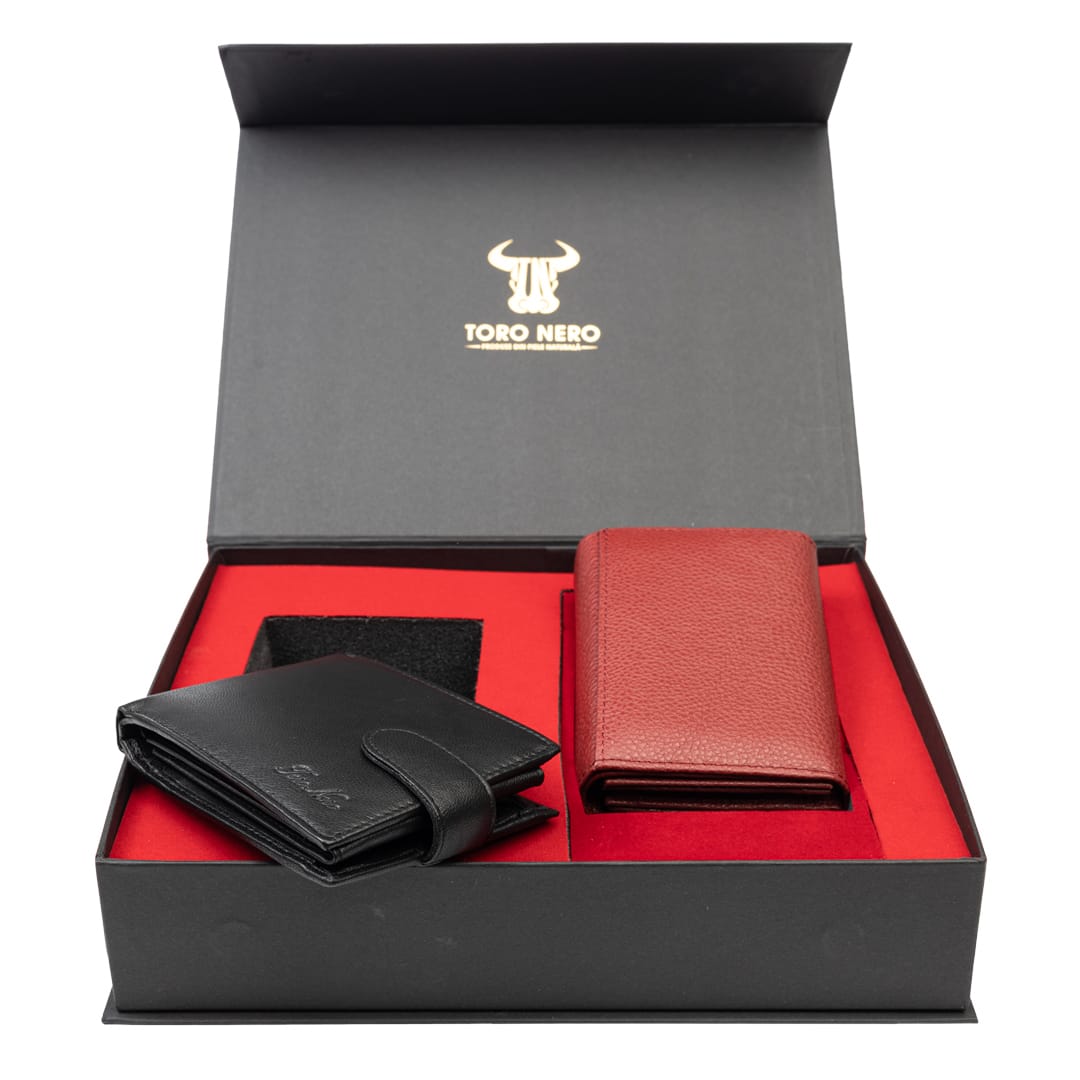 Set cadou portofel femei+ portofel barbati din piele naturala negru-rosu Little-Viki