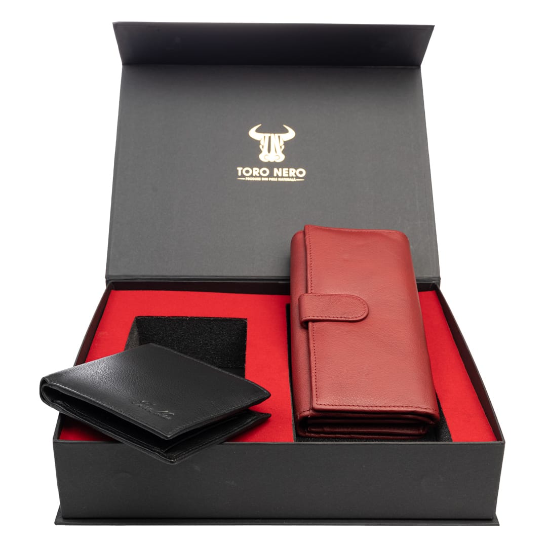 Set cadou portofel femei+ portofel barbati din piele naturala negru-rosu Reset-Manu