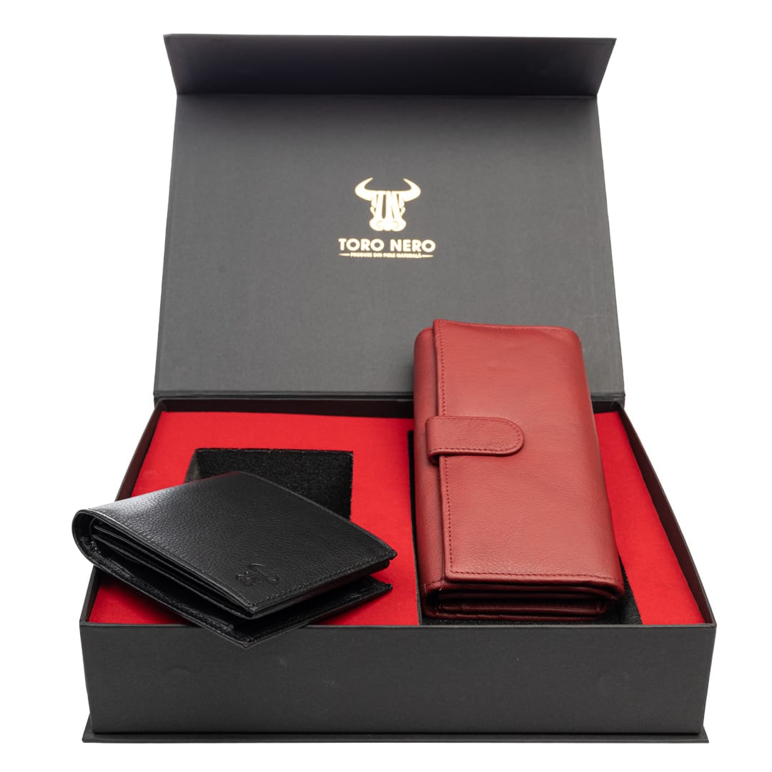 Set cadou portofel femei+ portofel barbati din piele naturala negru-rosu Reset-Muselles