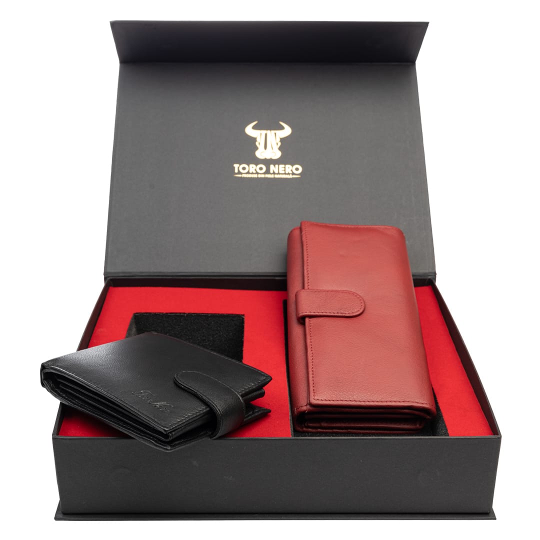 Set cadou portofel femei+ portofel barbati din piele naturala negru-rosu Reset-Viki