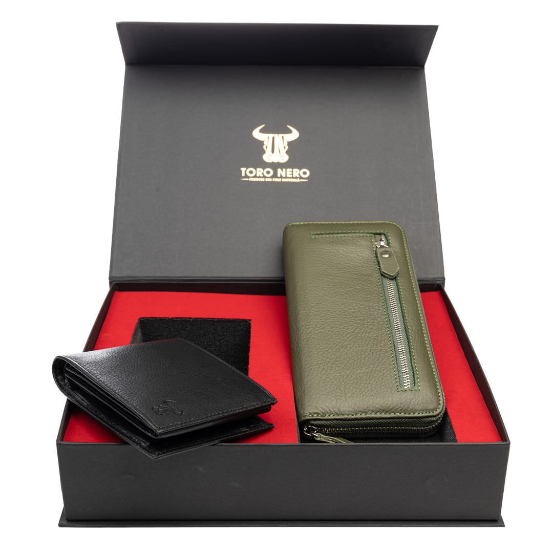 Set cadou portofel femei+ portofel barbati din piele naturala negru-verde Arya-Muselles