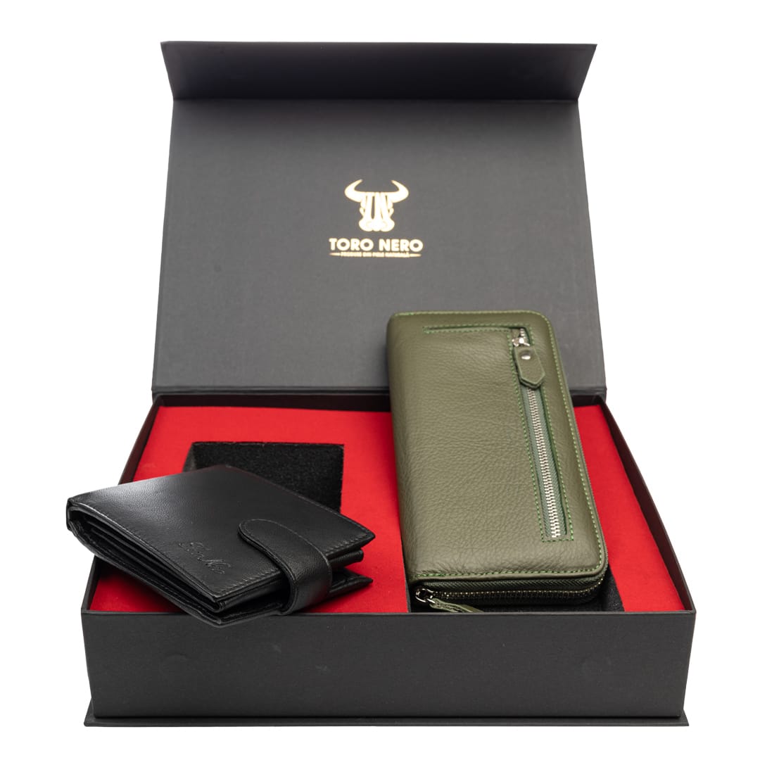 Set cadou portofel femei+ portofel barbati din piele naturala negru-verde Arya-Viki