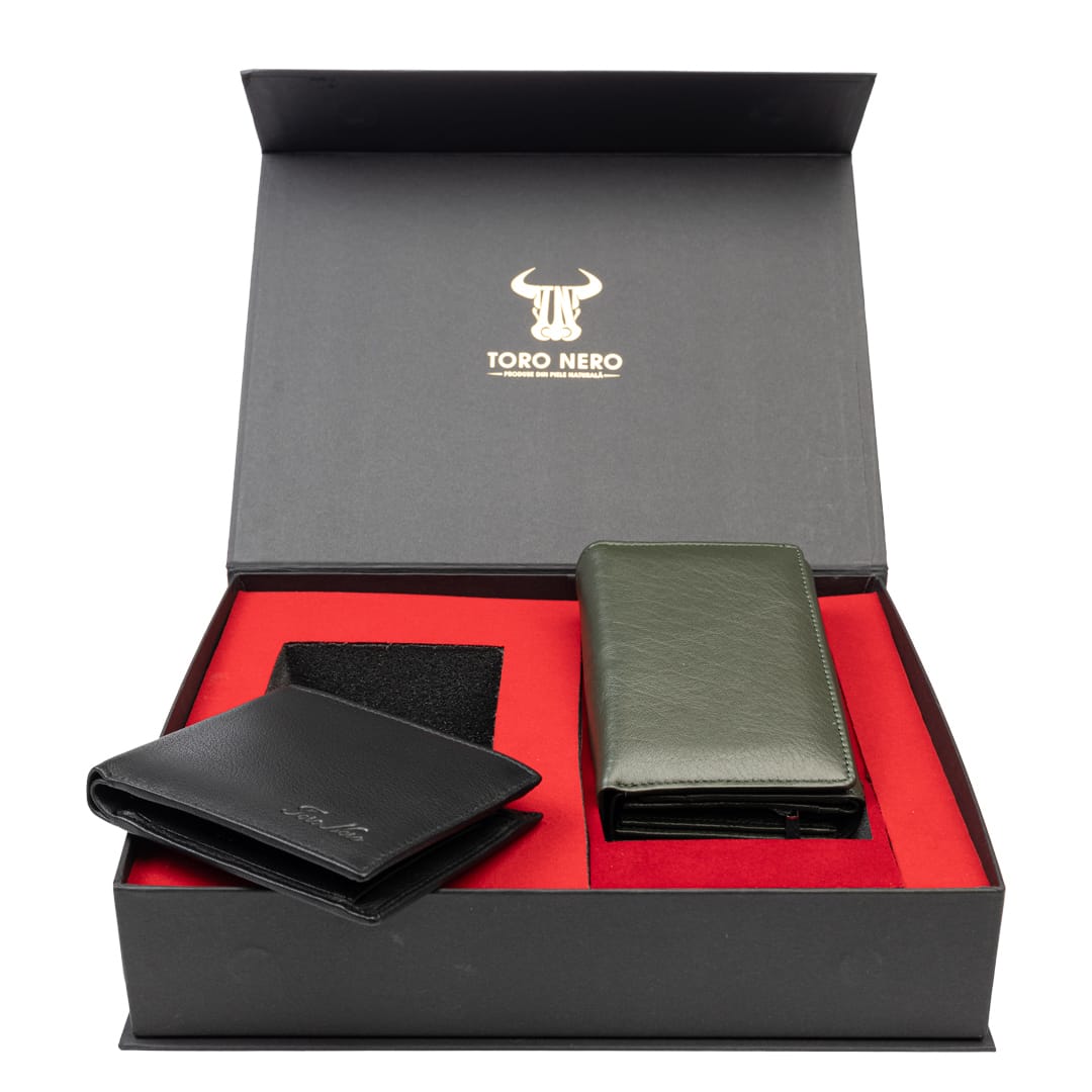 Set cadou portofel femei+ portofel barbati din piele naturala negru-verde Little-Manu