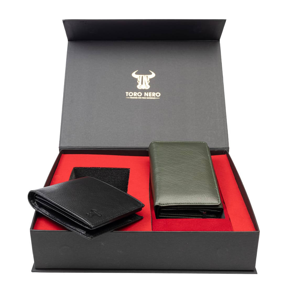 Set cadou portofel femei+ portofel barbati din piele naturala negru-verde Little-Muselles