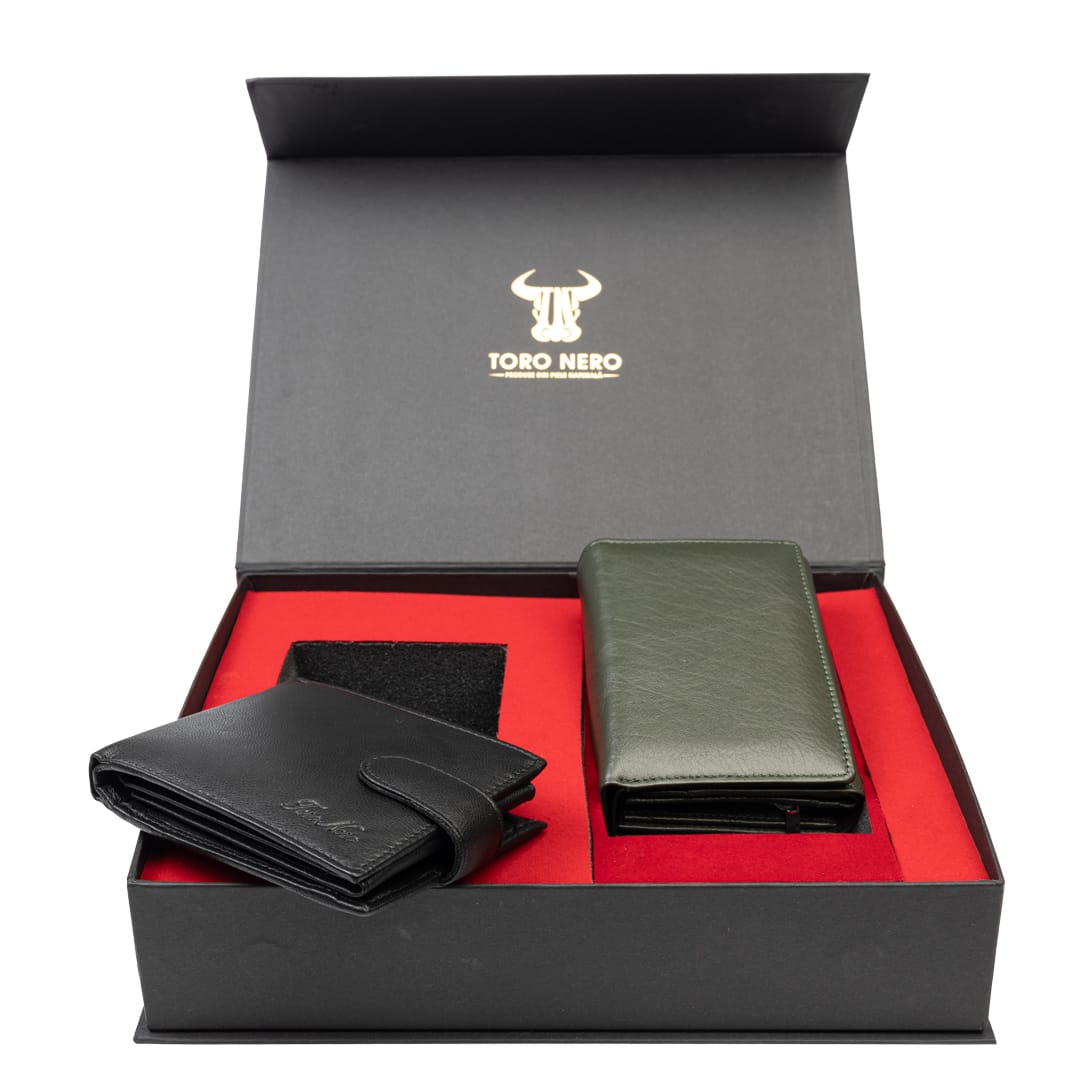 Set cadou portofel femei+ portofel barbati din piele naturala negru-verde Little-Viki