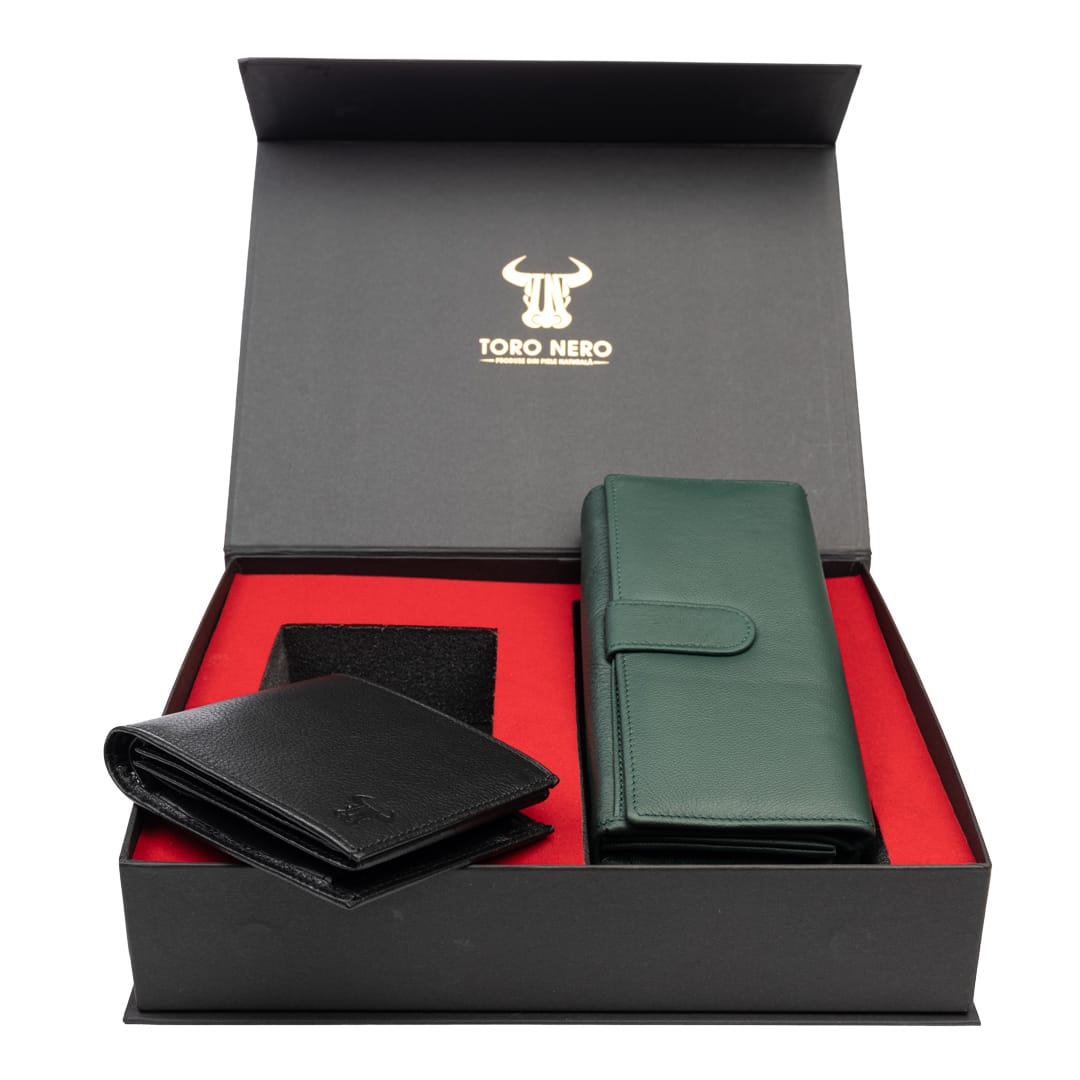 Set cadou portofel femei+ portofel barbati din piele naturala negru-verde Reset-Muselles