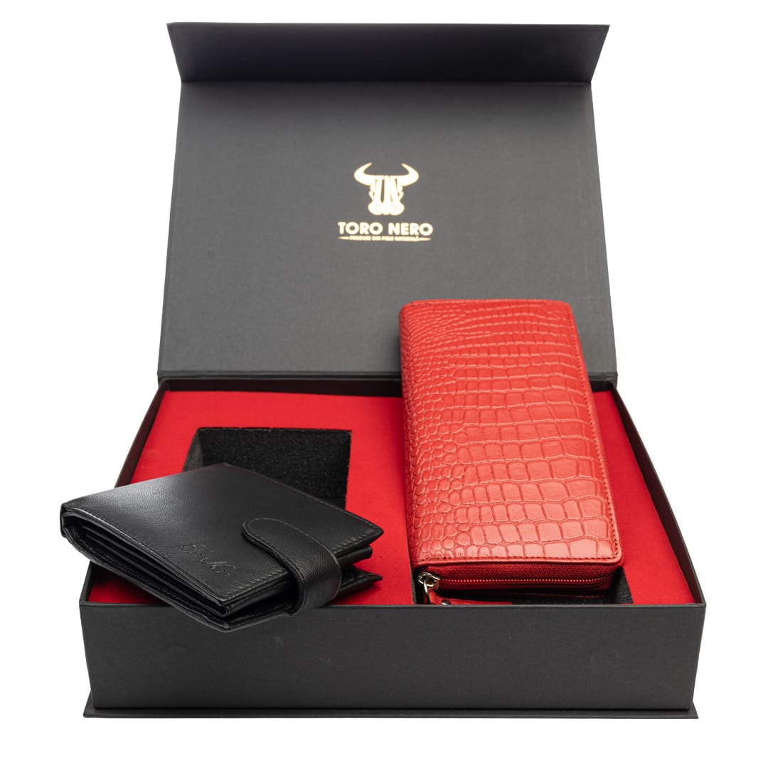 Set cadou portofel femei+ portofel barbati din piele naturala rosu Gia-Viki