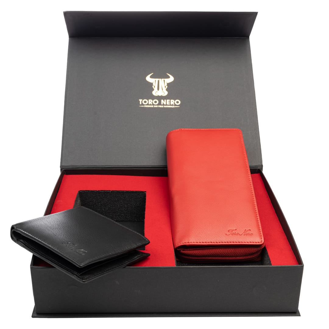 Set cadou portofel femei+ portofel barbati din piele naturala rosu Gina-Manu