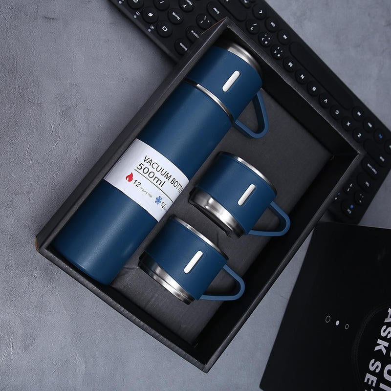 Set Cadou Termos Premium 500 ml + 3 Cani din Inox, TRM011, Albastru