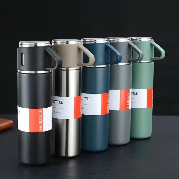 Set Cadou Termos Premium 500 ml + 3 Cani din Inox, TRM011, Albastru - poza 5