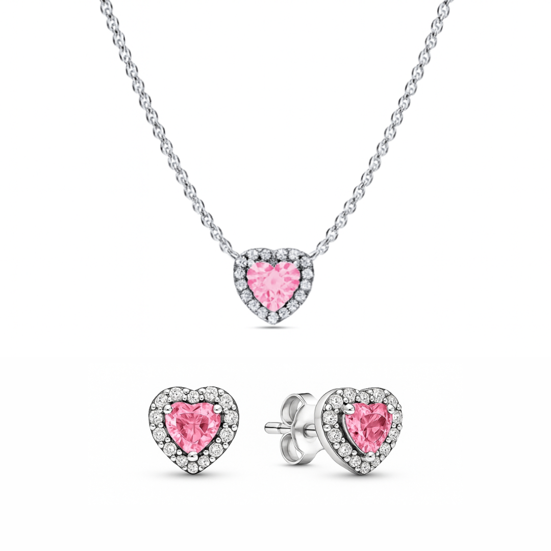 Set de bijuterii Colier si Cercei Pink Heart cu Argint
