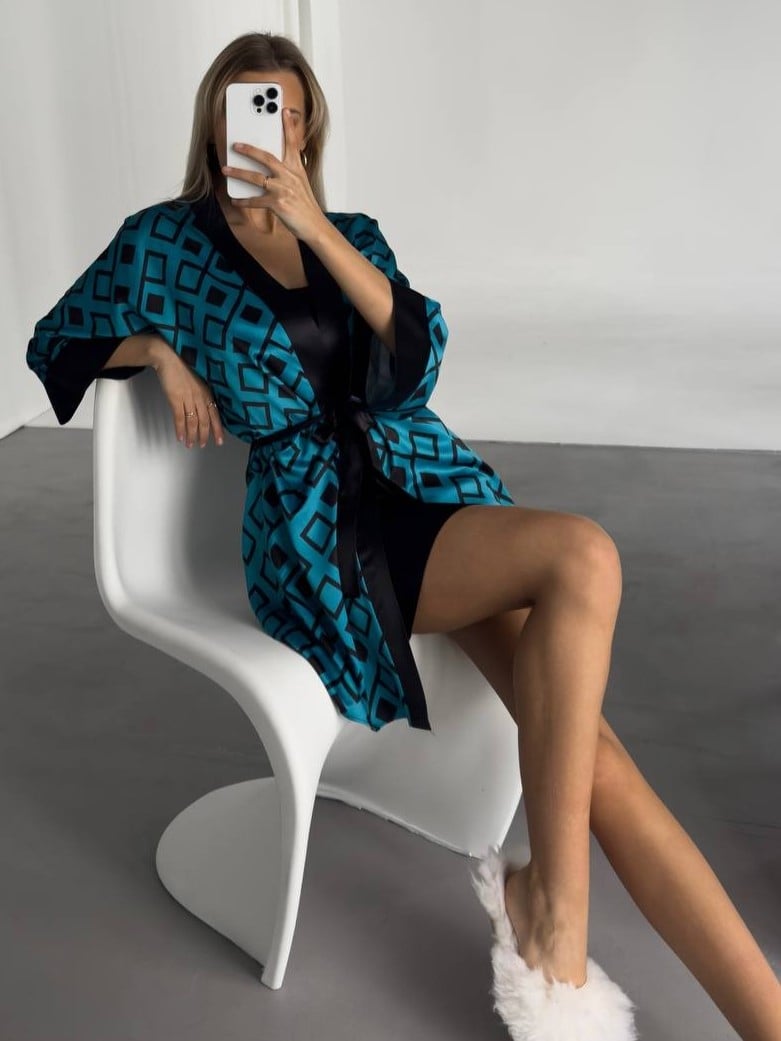 Set Halat & Camasa de noapte „Geometric Glam” – 2301395, Negru / Turcoaz - poza 3