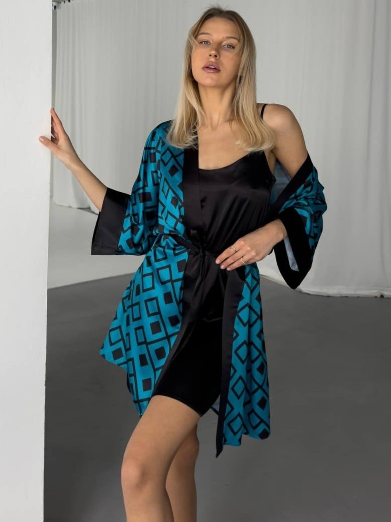 Set Halat & Camasa de noapte „Geometric Glam” – 2301395, Negru / Turcoaz - poza 4