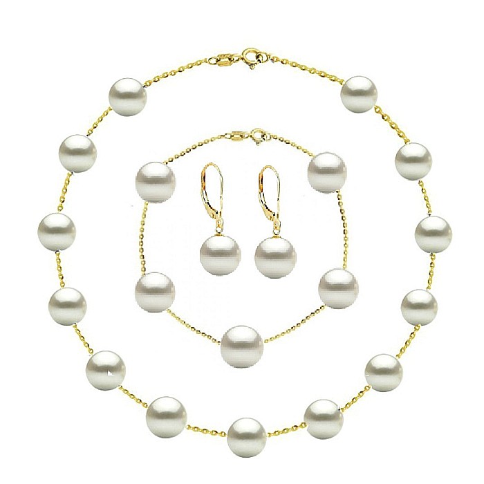 Set Office Perle Albe 7-8 mm - Colier, Bratara si Cercei, Aur Galben 14K KASKADDA