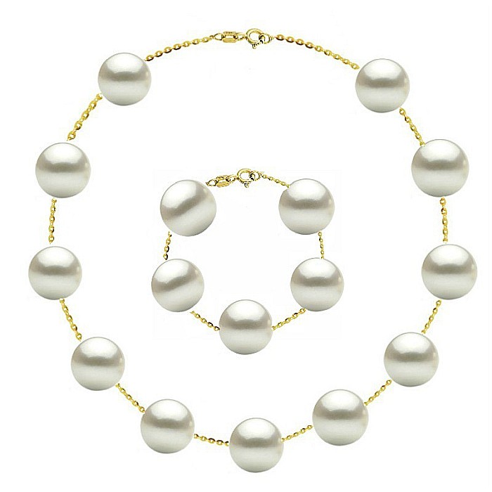 Set Office Perle Albe 9 mm - Colier si Bratara, Aur Galben 14K KASKADDA