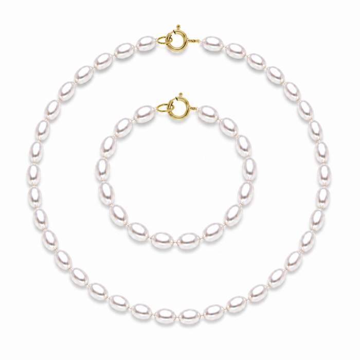 Set Perle AA+ Ovale - Colier si Bratara cu Aur 14K si Perle Naturale Albe 4 6 mm KASKADDA