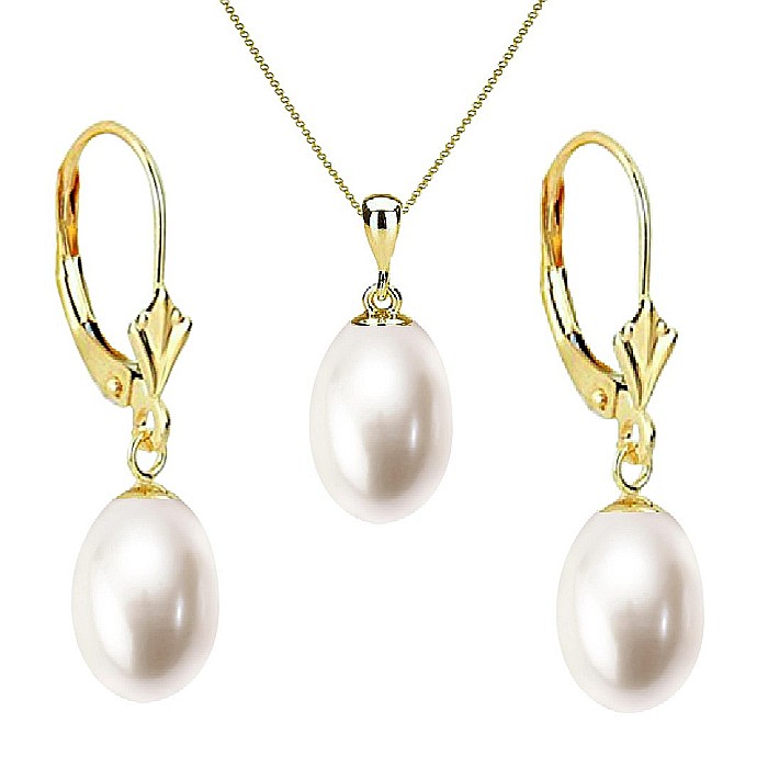 Set Perle AAA - Aur Galben 14K, Perle Naturale Albe, Forma Lacrima, 8 5 mm KASKADDA