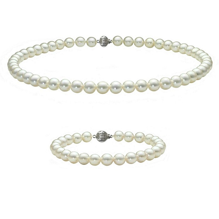 Set Perle AAA - Colier si Bratara cu Aur Alb 14K, Perle Naturale Akoya Japoneze 7,5-8 mm KASKADDA
