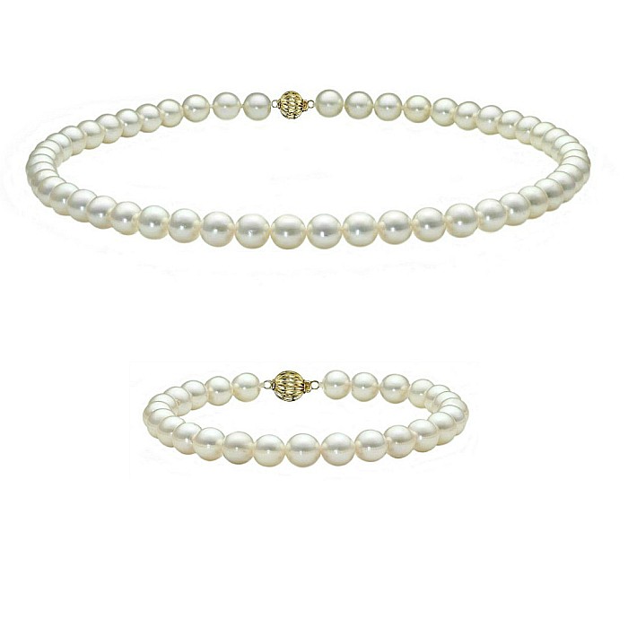 Set Perle AAA - Colier si Bratara cu Aur Galben 14K, Perle Naturale Akoya Japoneze, 7,5-8 mm KASKADDA