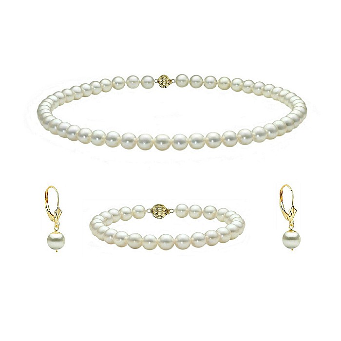 Set Perle Akoya Japoneze 5,5-6 mm - Colier, Bratara si Cercei cu Inchizatori Sferice, Aur Galben 14K KASKADDA
