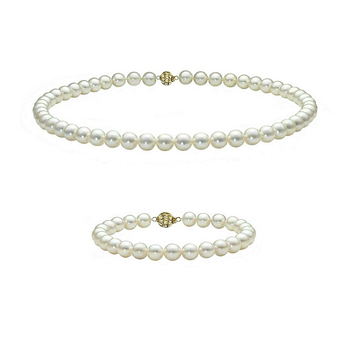 Set Perle Akoya Japoneze 5,5-6 mm - Colier si Bratara cu Inchizatori Sferice, Aur Galben 14K KASKADDA