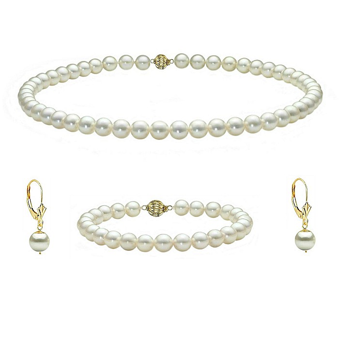 Set Perle Akoya Japoneze 7,5-8 mm - Colier, Bratara si Cercei, Aur Galben 14K KASKADDA