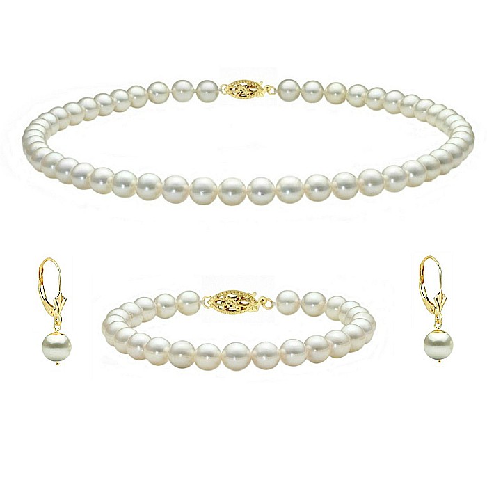 Set Perle Akoya Japoneze 7,5-8 mm - Colier, Bratara si Cercei cu Inchizatori Filigranate, Aur Galben 14K KASKADDA