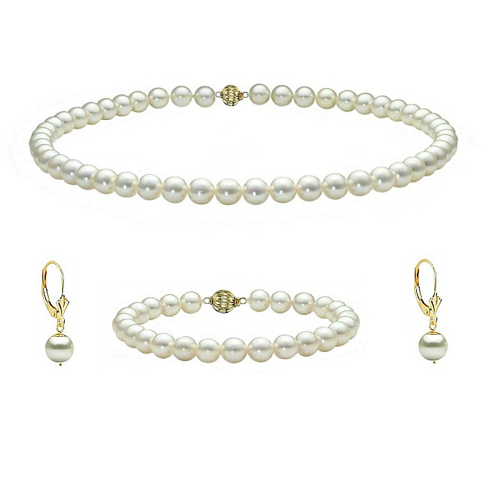 Set Perle Akoya Japoneze 7-7,5 mm - Colier, Bratara si Cercei, Aur Galben 14K KASKADDA