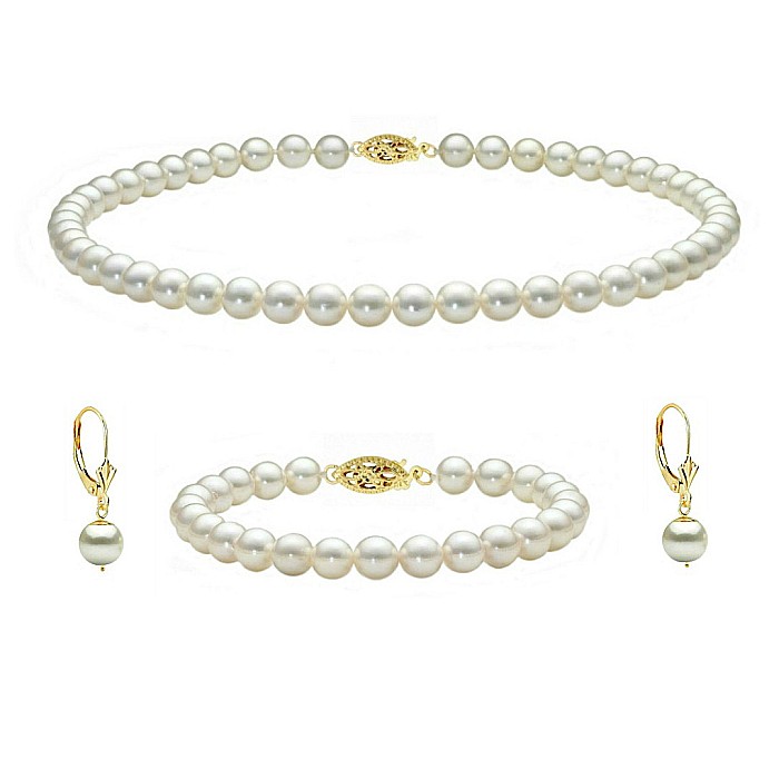 Set Perle Akoya Japoneze 7-7,5 mm - Colier, Bratara si Cercei cu Inchizatori Filigranate, Aur Galben 14K KASKADDA