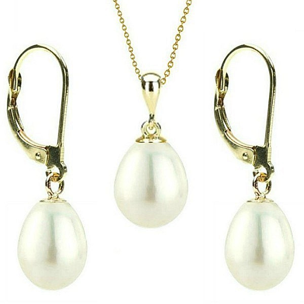 Set Perle Albe Lacrima - Colier si Cercei, Aur Galben 14K, Perle Naturale 5 8 mm KASKADDA
