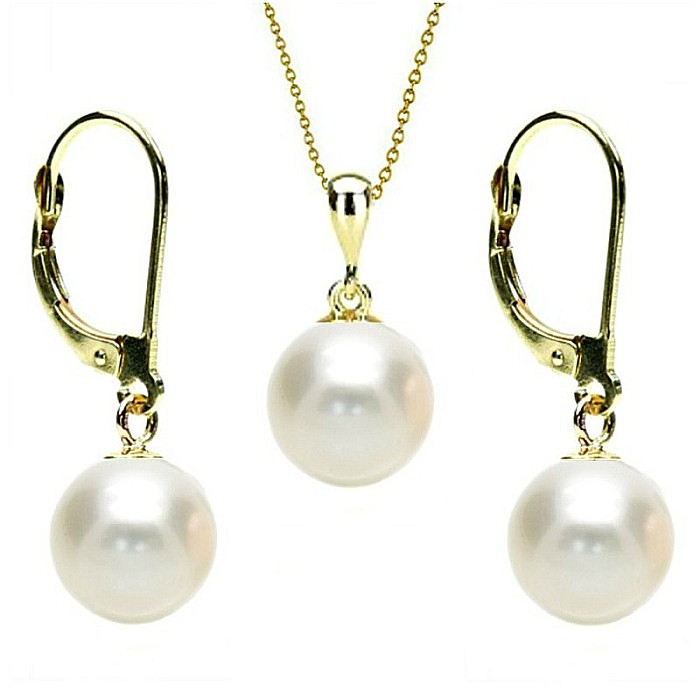 Set Perle - Colier cu Pandantiv si Cercei, Aur 14K, Perle Naturale Albe 8 mm KASKADDA
